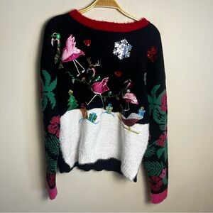 Blizzard Bay Ugly Flamingo Tropical‎ Sequined Christmas Sweater Size S Festive